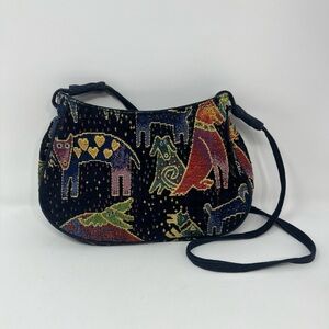 Vintage  Laurel Burch Canvas Tapestry Colorful Cat Shoulder Bag Purse Blue